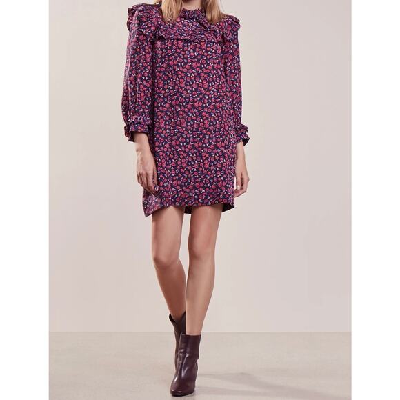 EUC Sandro Paris Floral Ruffle Silk Mini Dress S 4 Long Sleeve Multicolor Print - Picture 4 of 16